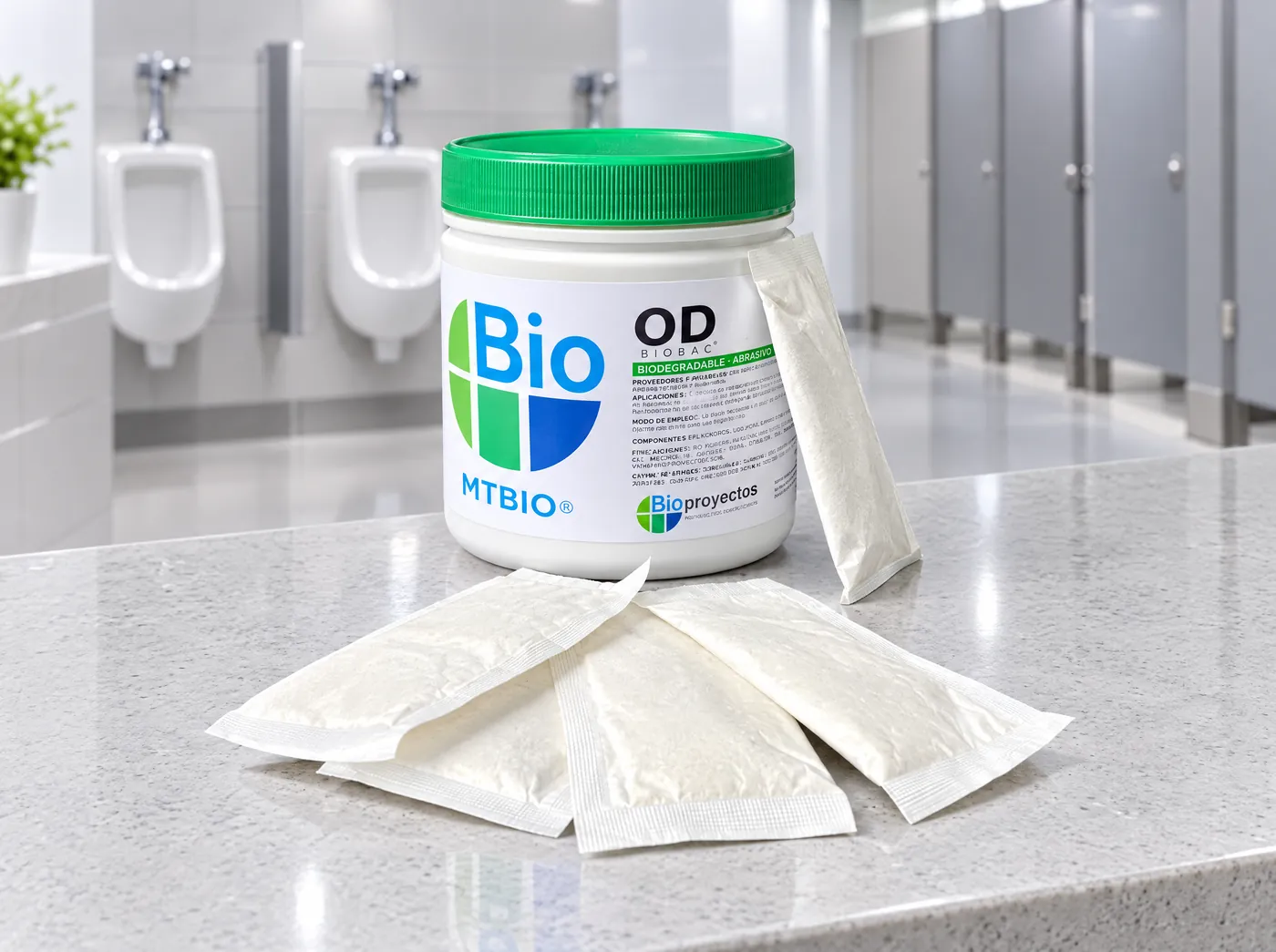 Bote y sobres de BIOBAC OD, bacterias para malos olores, en el baño de un edificio de oficinas